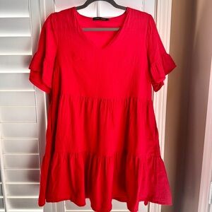 Fancyinn Red Tiered Babydoll Dress M V Neck Flutter Sleeve Romantic Casual